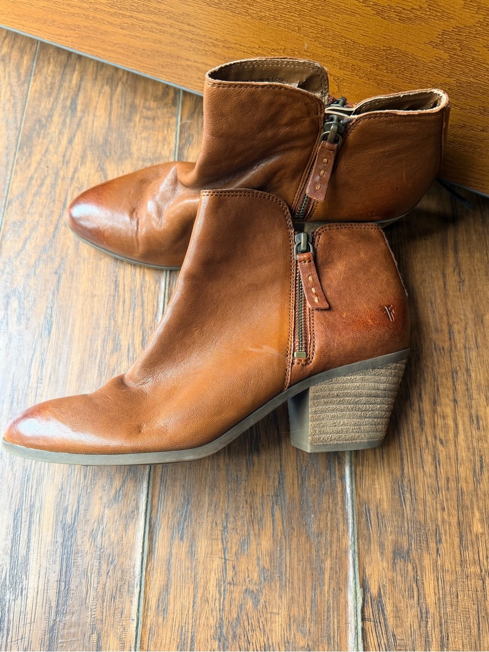 Frye Cognac Leather Ankle Booties with Stacked Heel